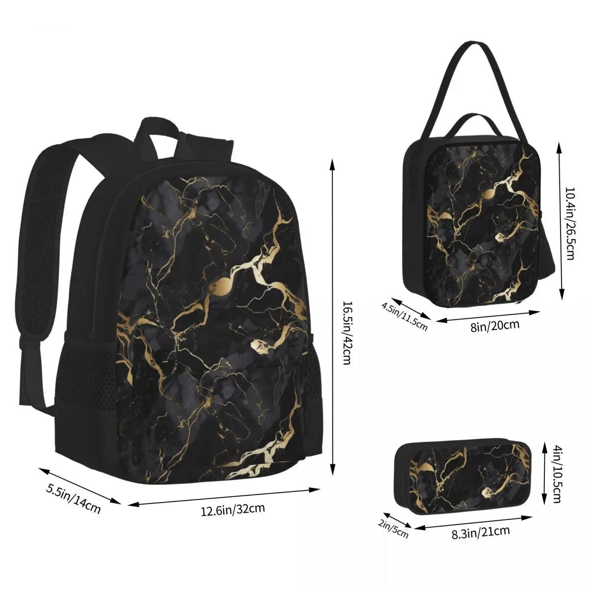 Classic Black And Gold Marble Backpacks Kids Bookbag School Bags Rucksack Lunch Bag Pen Bag Three-Piece Set