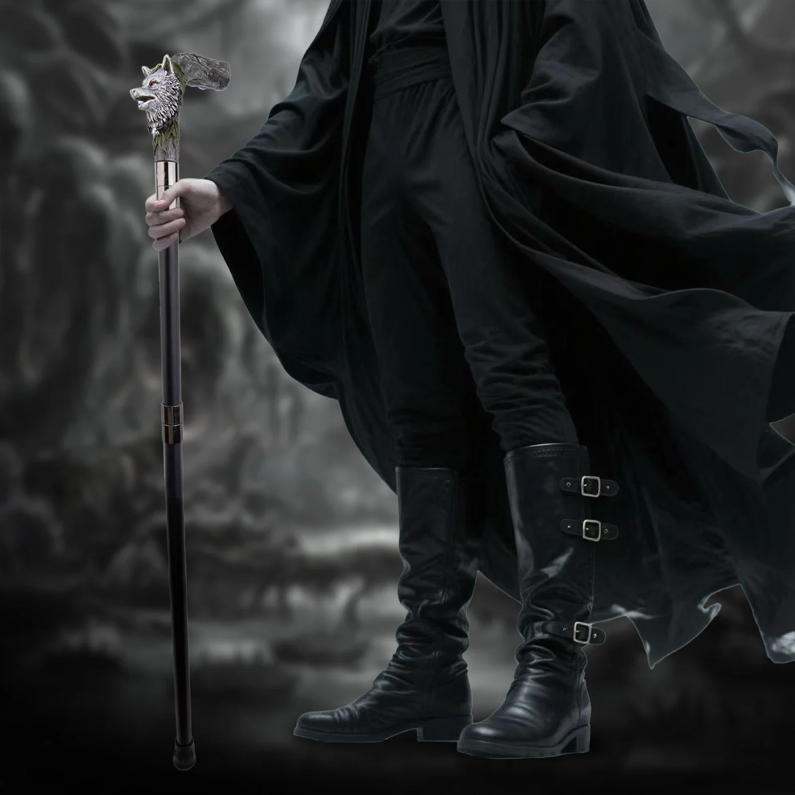 Silver Resin Wolf Head Tree Root Walking Cane Stick for Cosplay Everyday Use with Deluxe Box 93cm Performance Stage Cane