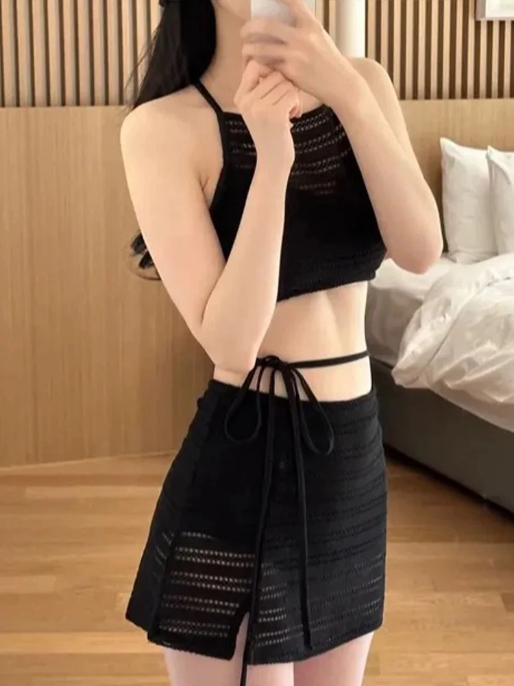 

Sexy Lace Mesh Backless Bikinis Set For Women Solid Split Swimsuit High Waist Beach Bikini 2025 New Summer Swimwear Bikinis Set