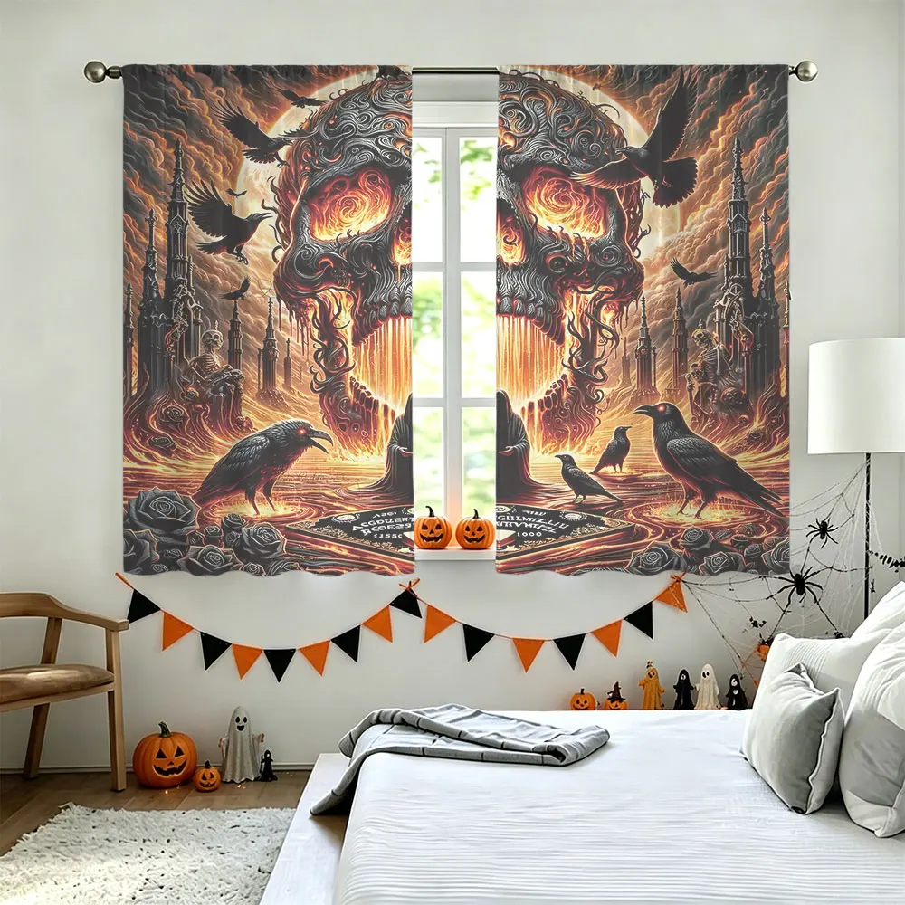 2pcs Gothic Black Skeleton Crow Print Rod Pocket Curtains, Light Blocking Privacy Window Drapes For Living Room Bedroom Home