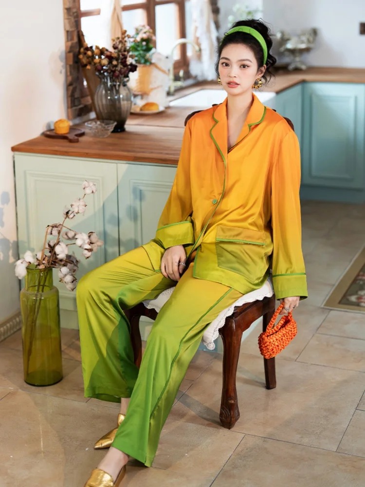 Orange Island Gradient Pajamas Set Women's Spring and Autumn New High-end Skin-friendly Ice Silk Home Clothes for Outer Wearing