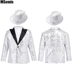 Kids Boys Shiny Sequins Dance Coat Lapel Single-breasted Tuxedo Suit Jacket with Fedora Hat for Performance Banquet Party