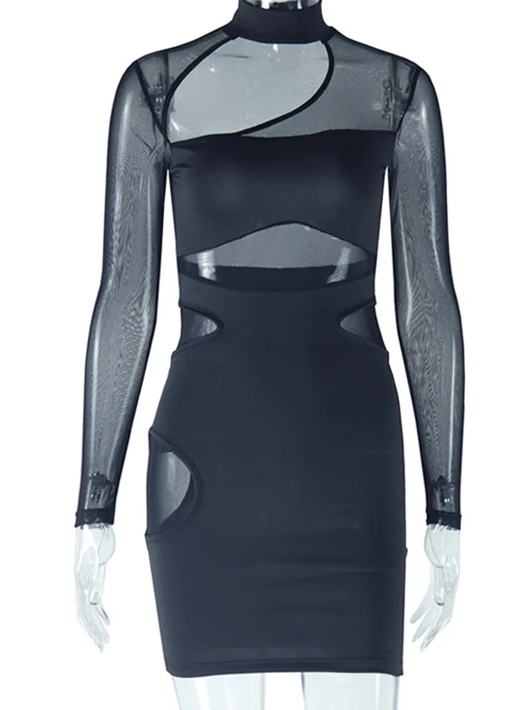 Articat elegante manga longa oco para fora vestido de cor sólida feminino sexy malha retalhos fino ajuste vestido apertado festa boate vestidos