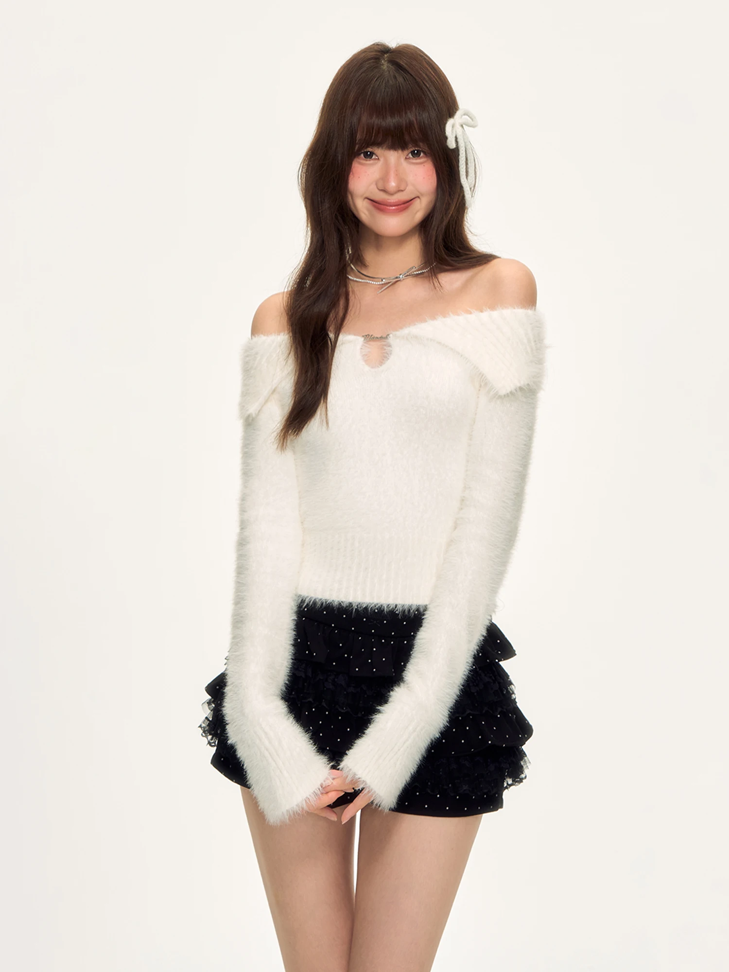 

Wedhub Korean Design Flip Collar One oulder Knitted Sweater Women High Sensation Soft Long Sve Top Lazy Faion