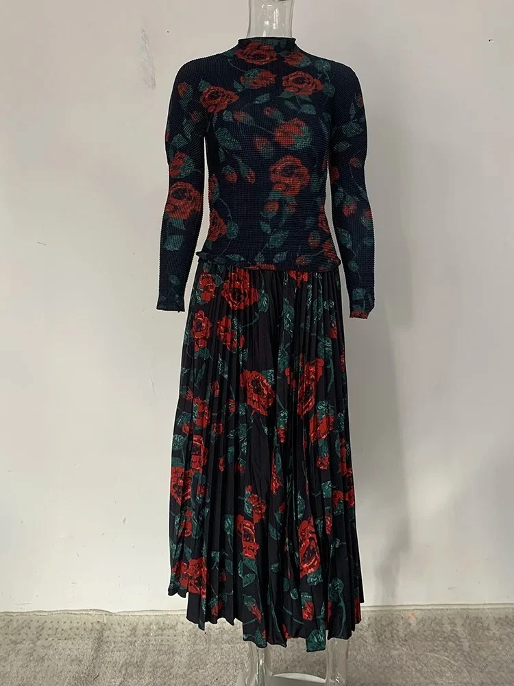 Miyake Fashion Party Print 2 Piece Set Women Long Sleeves Tops High Waist A-line Skirt Elegant 2025 New Clothing