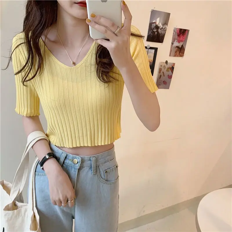 2024 Summer New High Waist T-shirt Women's Short Knitted V-neck Top Short Sleeve Bottom Top