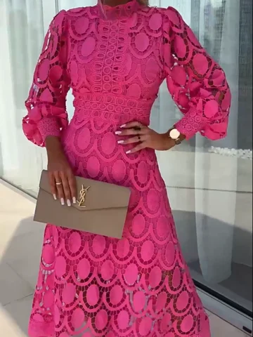 Sexy Lace Hollowed Out Dress Female A Line Long Sleeves Stand Up Collar Puff Sleeve Vintage Women's Clothing Elegant Long Dress