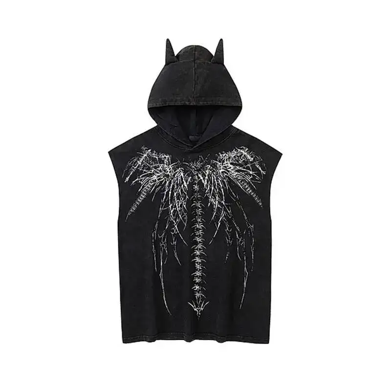 Men Vintage Washed Hooded Tank Top Streetwear Devil Horn Skeleton Print Loose Fit Sleeveless Trendy Niche Tops ZD25