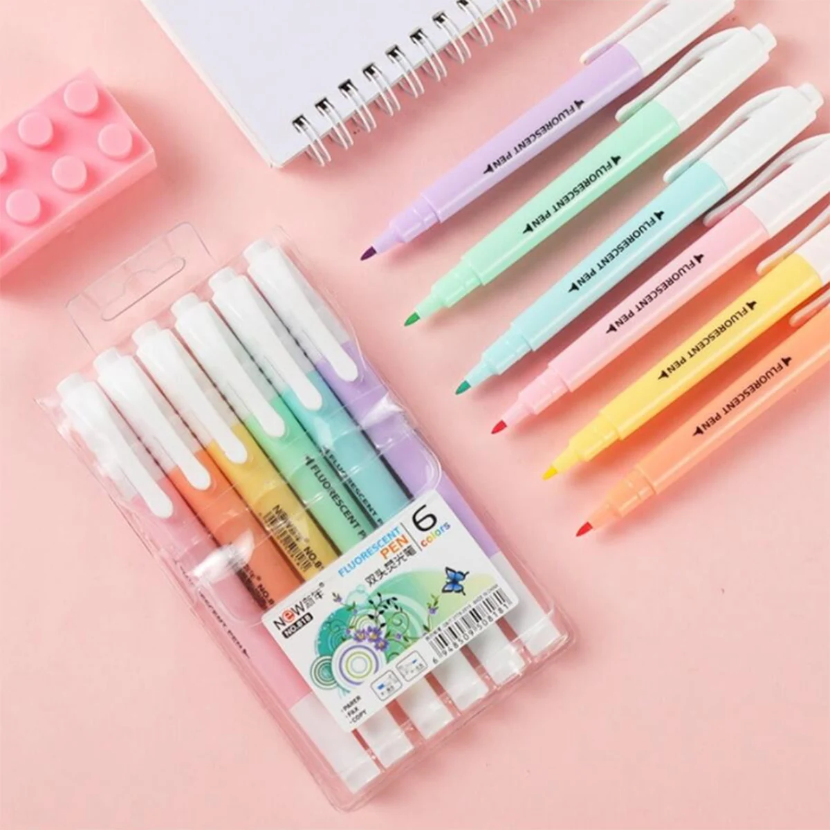 6 Pcs Dual Tip Aesthetic Cute Pastel Highlighters Set, Chisel Tip, Candy Colors, No Bleed Bible Assorted Colors