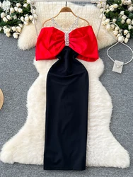 Women Red Bodycon Bow Dress 90s Vintage Off Shoulder Luxury Long Dresses Y2k Party Club One Piece Frocks 2000s Cutecore Clothes