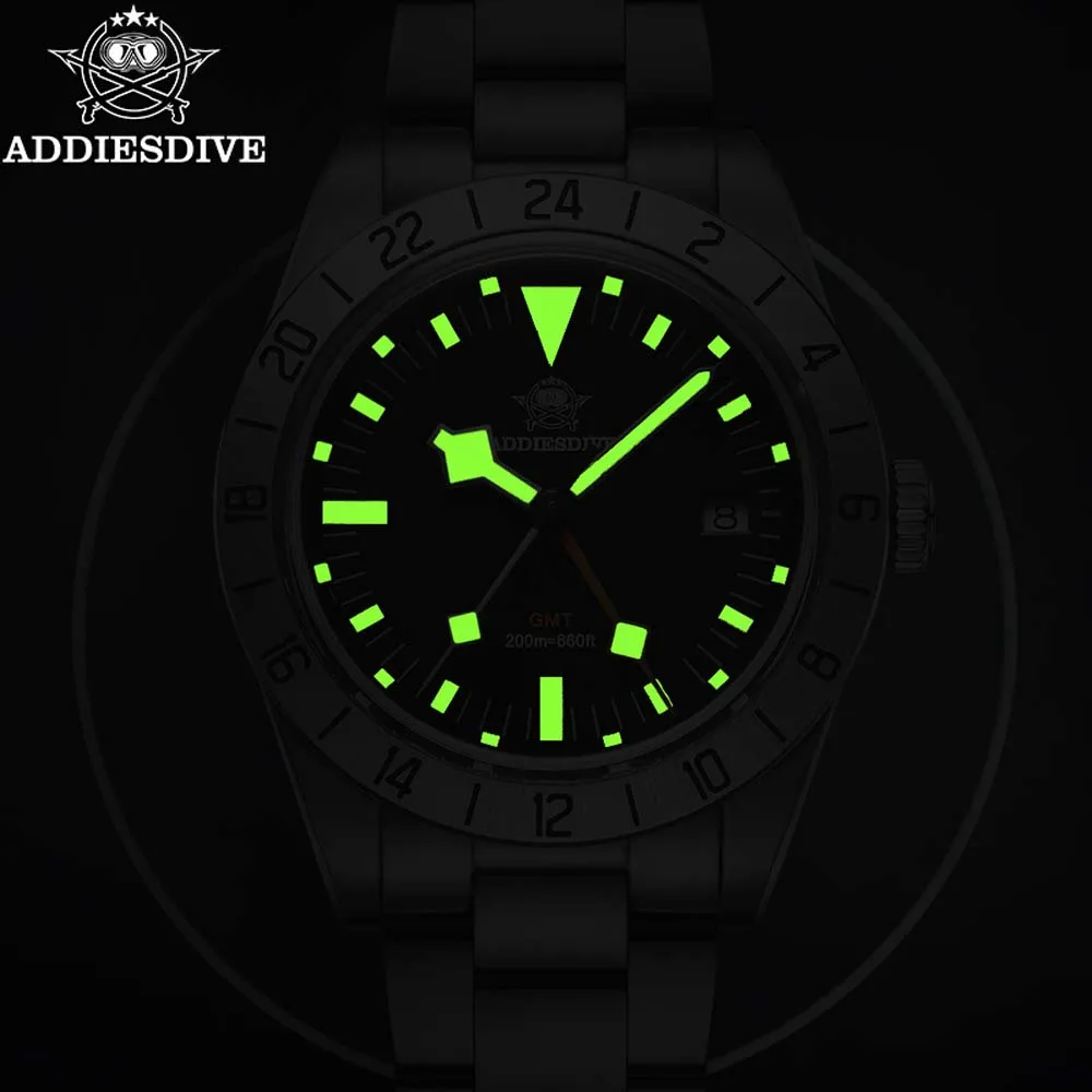 ADDIESDIVE 39mm GMT Quartz Wristwatches 200m Waterproof Diving Watch Luminous Bubble Mirror Glass Stainless Steel Mens Watches