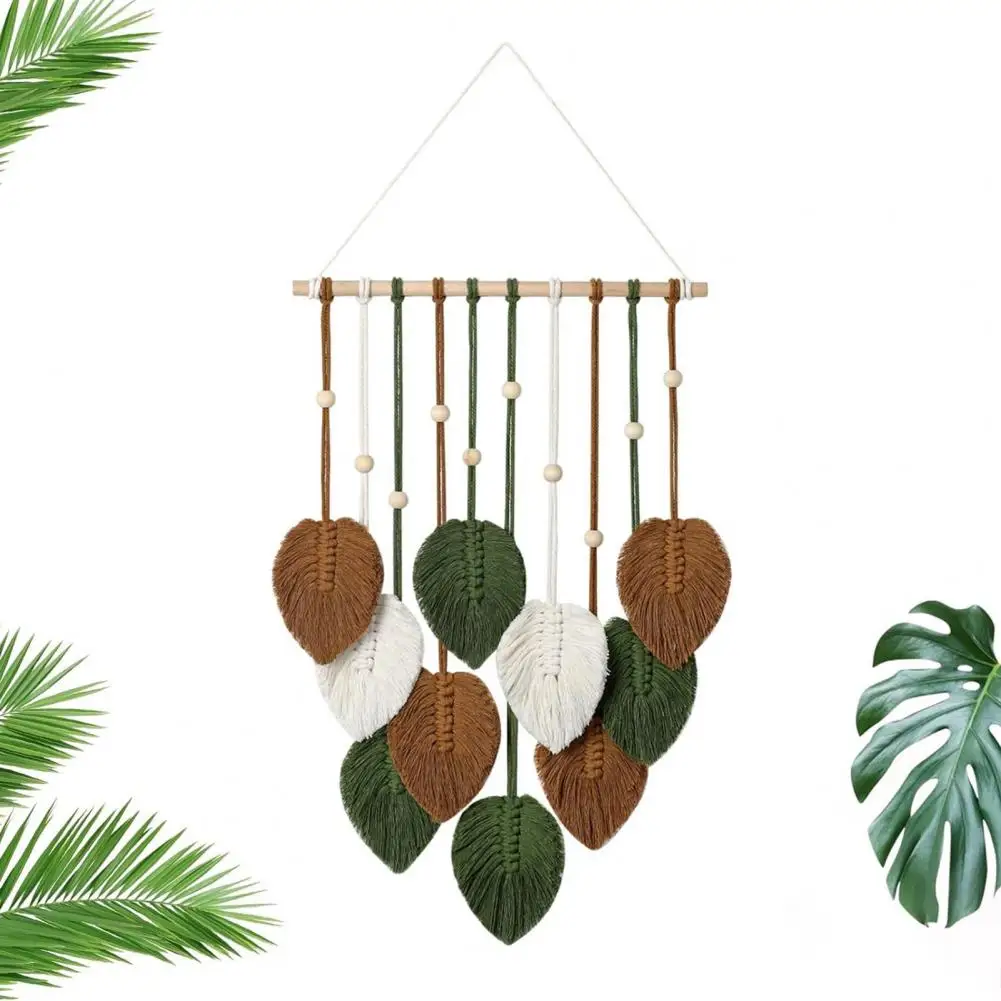 Woven Cotton Tapestry Bohemian Style Leaf Shape Wall Hanging Tapestry with Wooden Bead Decor Handcrafted Home Hotel for Dorm