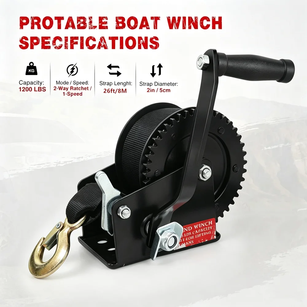 Hand Winch Boat Trailer Winch Heavy Duty Rope Crank Polyester Strap & Two-Way Ratchet Manual Operated Hand Crank Winch