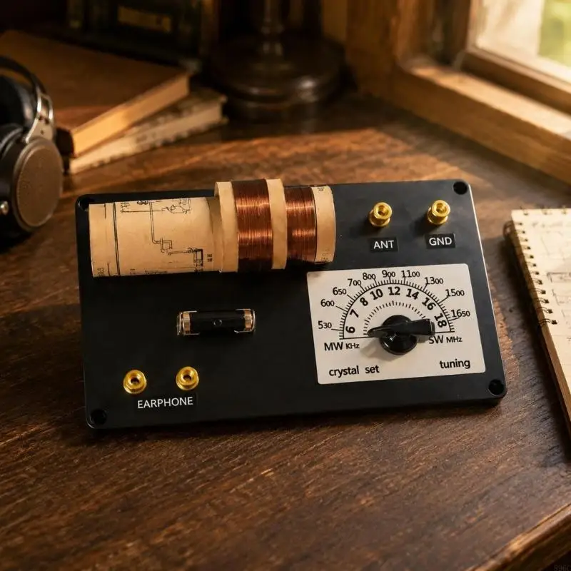 Mineral Radio Receiver with a Visible Tuning Control, Black Panel, Copper-Color Windings, and Separate Ground and Earphone 896C