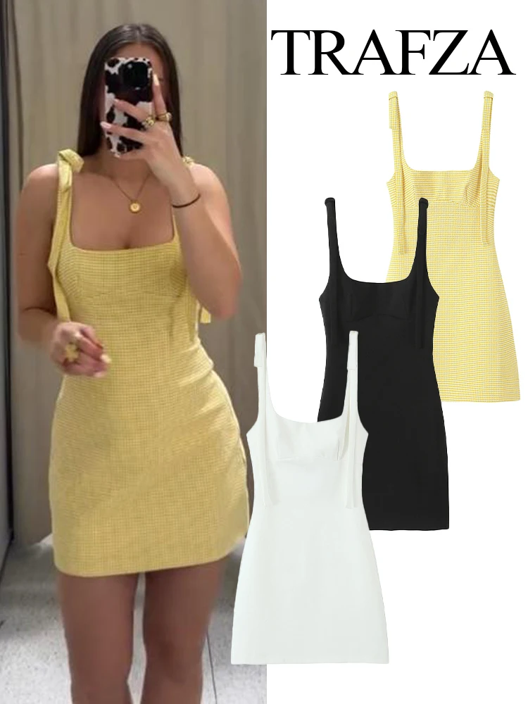 

TRAFZA Women 2025 Summer New Square Collar Sleeveless 3-Color Mini Dress Female Fashion Backless Bow Decoration Plaid Sexy Dress