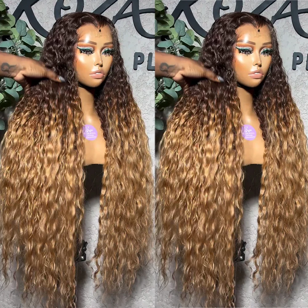 Ombre Honey Blonde 36 Inches Glueless HD Lace Front 100% Human Hair 400 Density Wigs Pre Plucked Deep Wave Wear To Go Curly Wigs