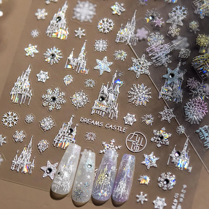 Dreamy Gradient Snowflake Castle Rhinestone Bowknot Glitter White Winter Christmas Crystal Star Nail Art Stickers Manicure Decal