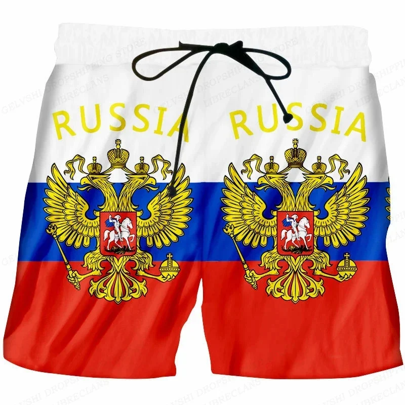 Russian Eagle Pattern Beach Shorts - Men's 3D Russian Flag Bear Print Board Shorts - Summer Men's Swimwear 2026