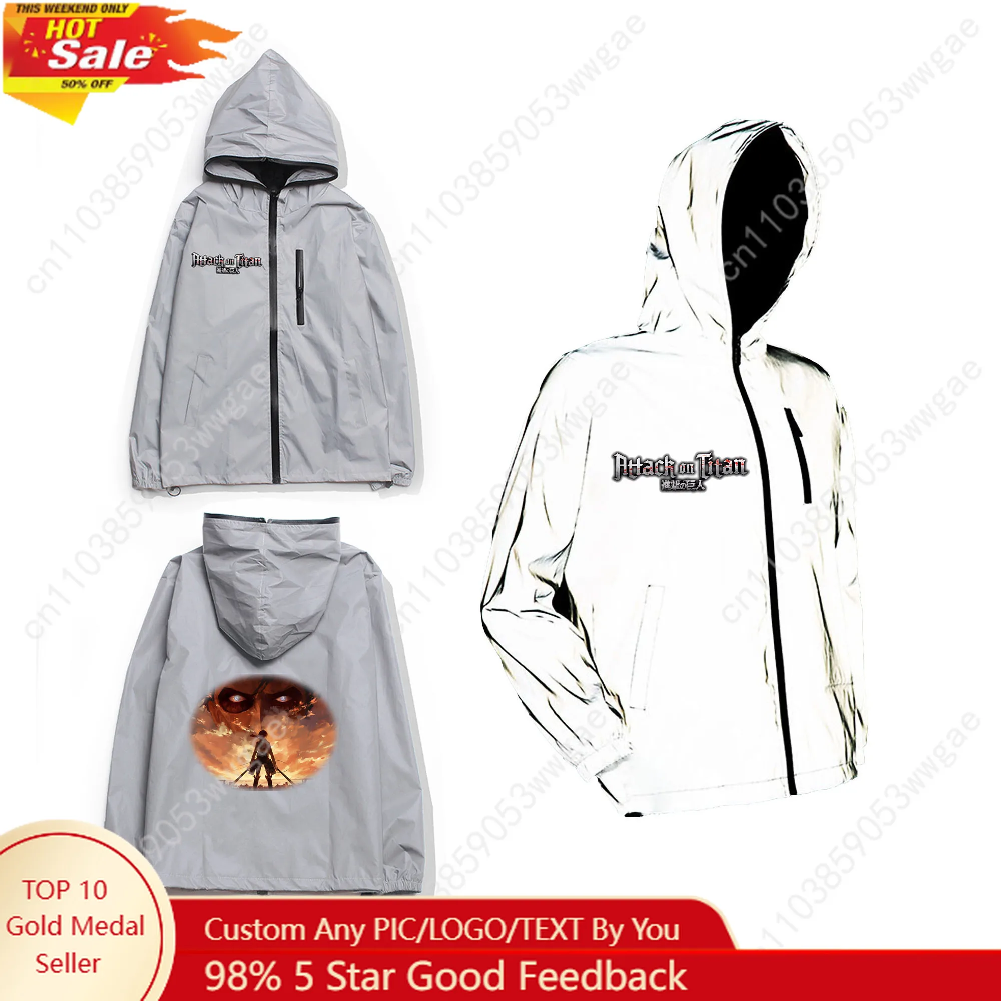 

Attack On Titan Reflective Jacket Mens Womens Coat Hooded Windbreaker Run Pocket Jackets Cycling Hiking Zipper Customized Hoodie