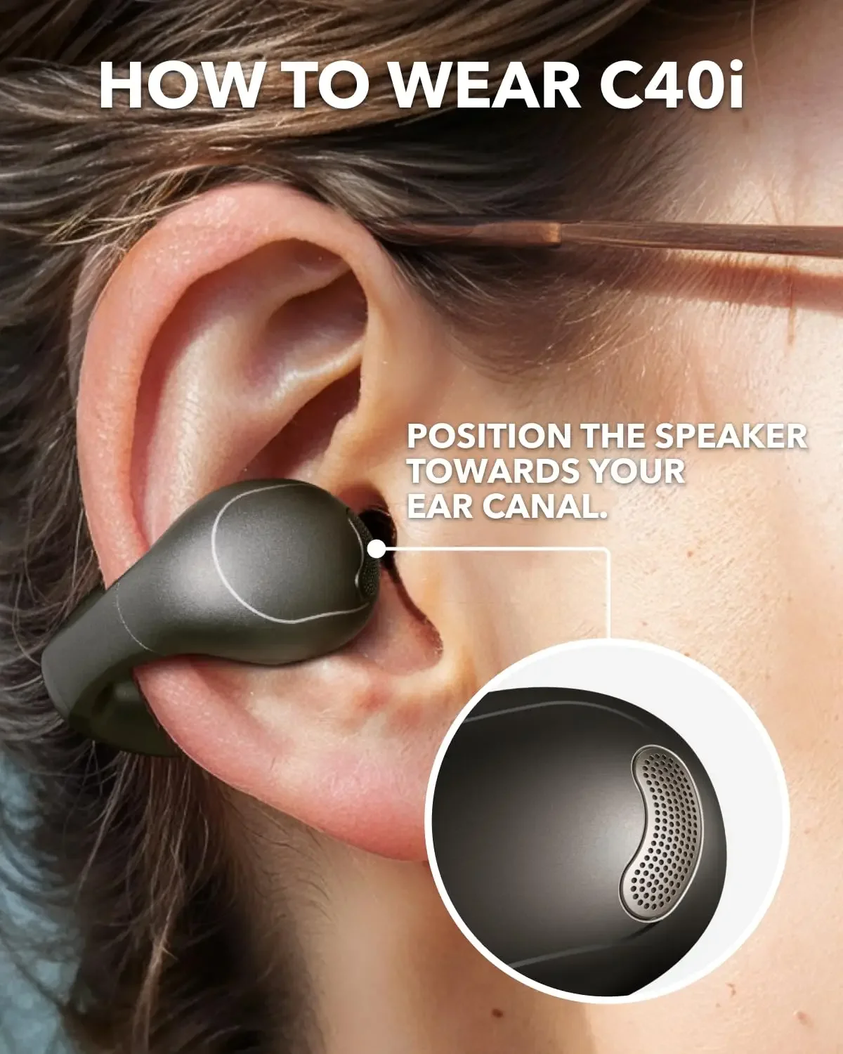 Anker Soundcore C40i, 오픈 이어 이어버드, 클립온 헤드폰, 유연한 조인트 디자인, 버튼 컨트롤, A3331