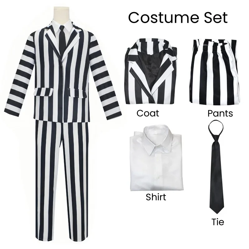 Anime Cosplay Beetle Juicee Uomo Abito a righe bianche e nere Costumi di Halloween spaventosi Camicia con cravatta per parrucca per la festa cosplay