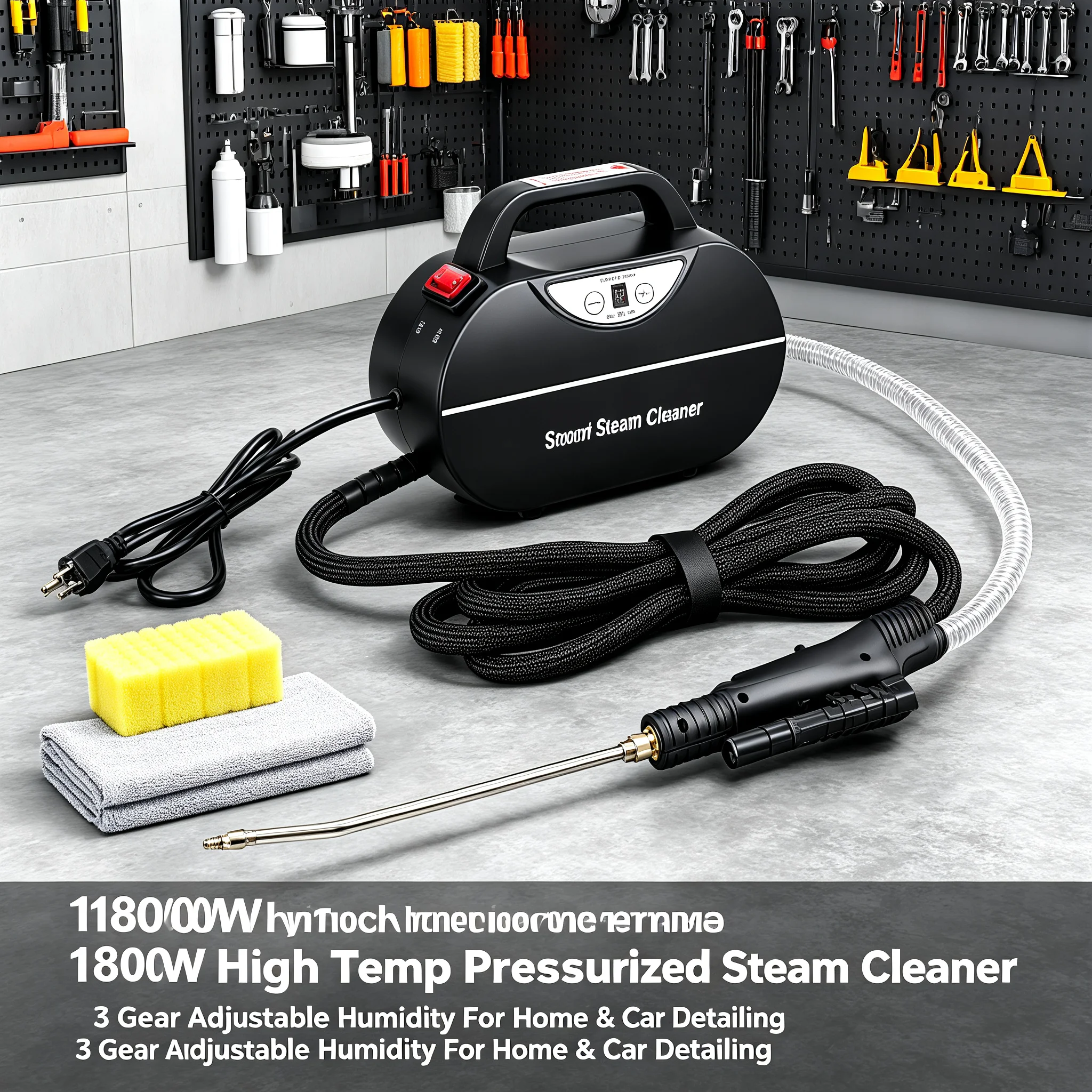 1800W Handheld Steam Cleaner, High Temperature Pressurized Steam Cleaner with 3-Level Humidity Adjustment & LED Torch for Car Detailing Home Cleaning, Black