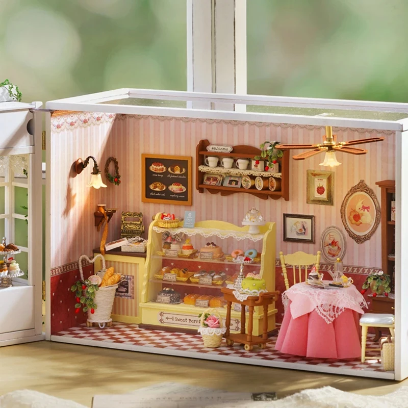 

OUZEY Wooden Sweet Berries Time Cottage Dollhouse Miniature Model Kit DIY Furniture Cake Shop Casa Doll House for Friends Gift