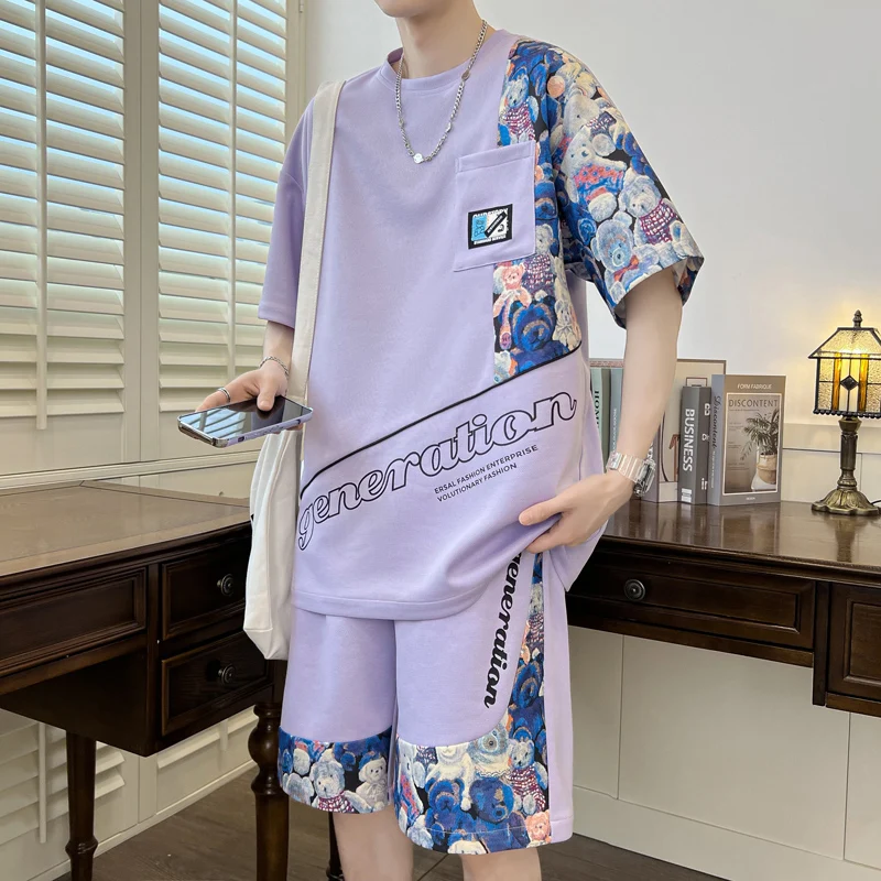 

Летний новый мужской повседневный комплект из двух предметов: футболка и шорты для учащихся средней школы, полиэстер