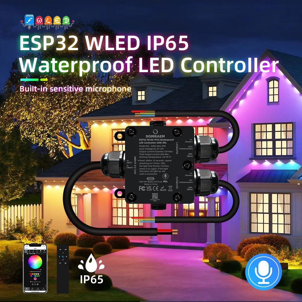 Smart Garden Light Controller - DOMRAEM ESP32 WLEDアドレス指定可能2CH LEDコントローラー 20Aヒューズ内蔵リレー マイク