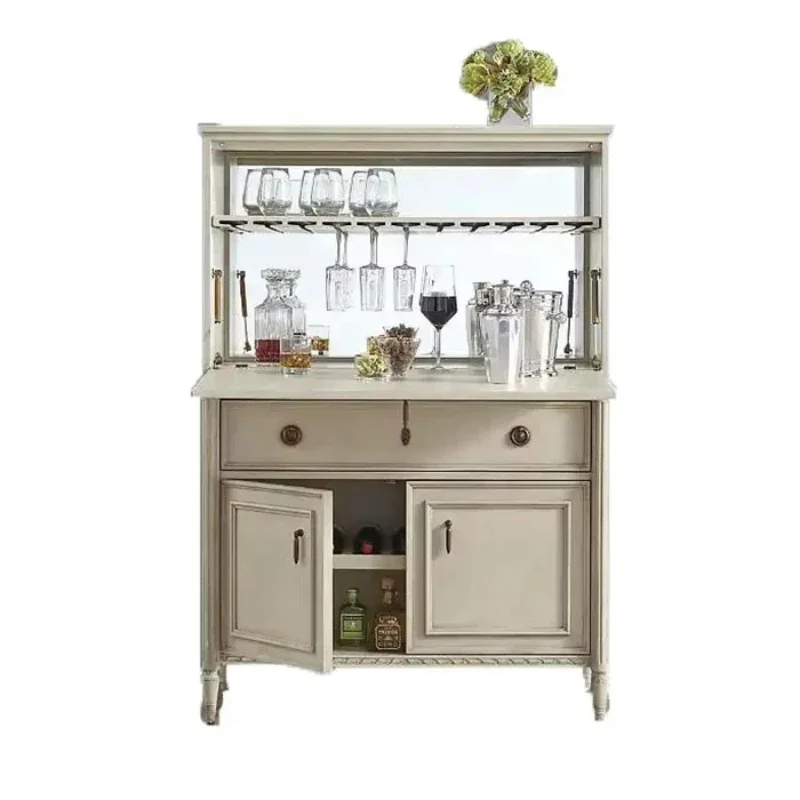 French antique white solid wood reversible door bar cabinet