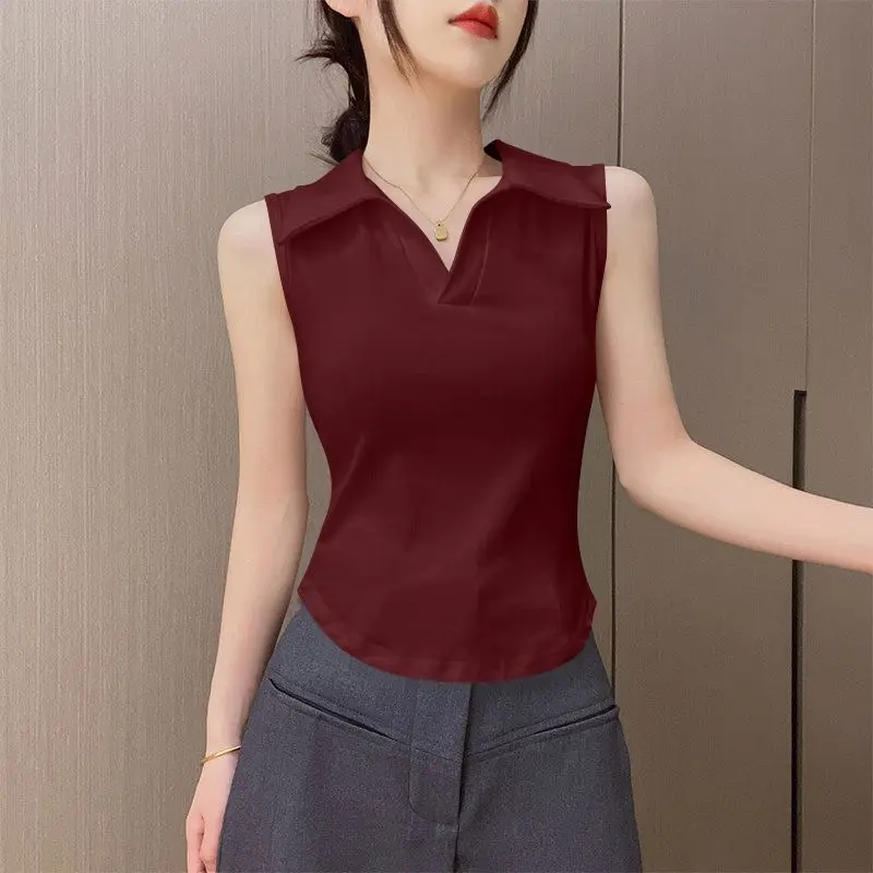 Women's Sexy Polo Collar Sleeveless Tank Top Slim Fit Korean Style Solid Plain Casual Non-Backless Y2K Tops Women Clothing