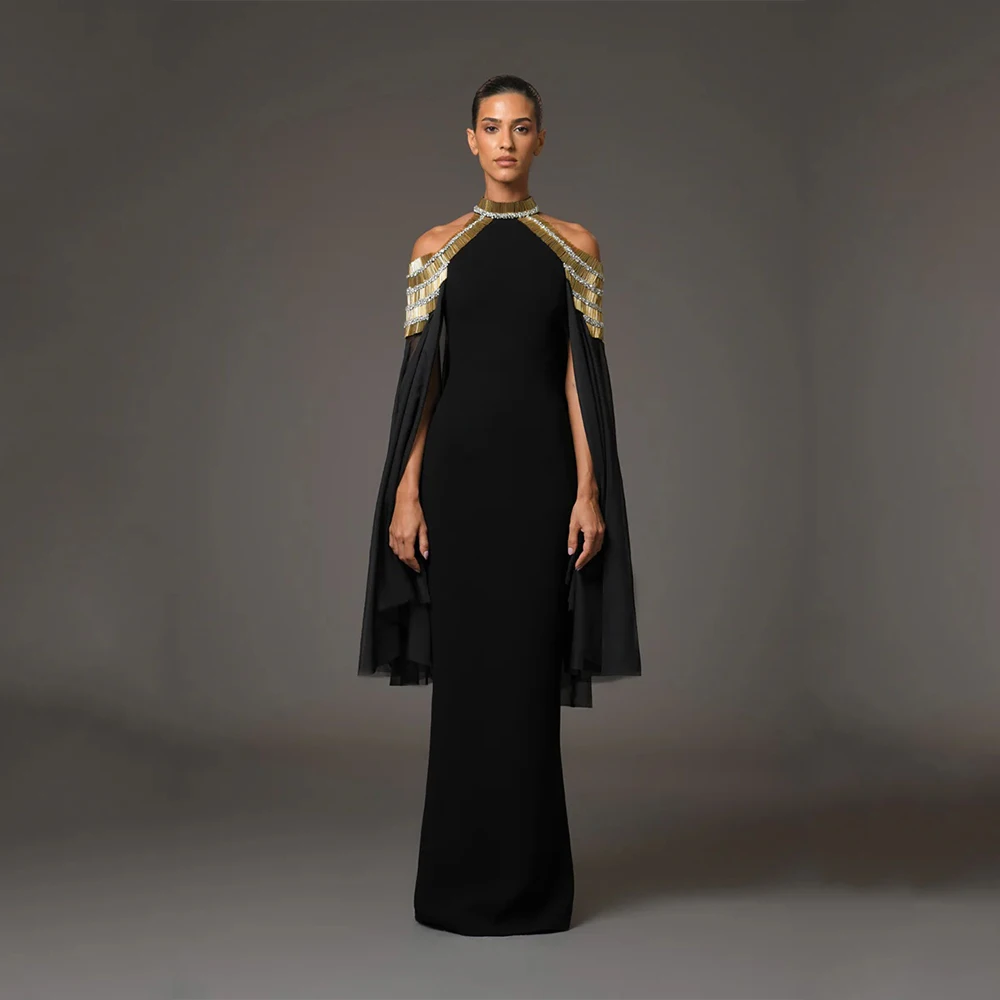 

High Quality Black Elegant Customized Crepe Evening Dresses O-Neck with Crystal Zipper Slit A-line Prom Gowns for Floor Length
