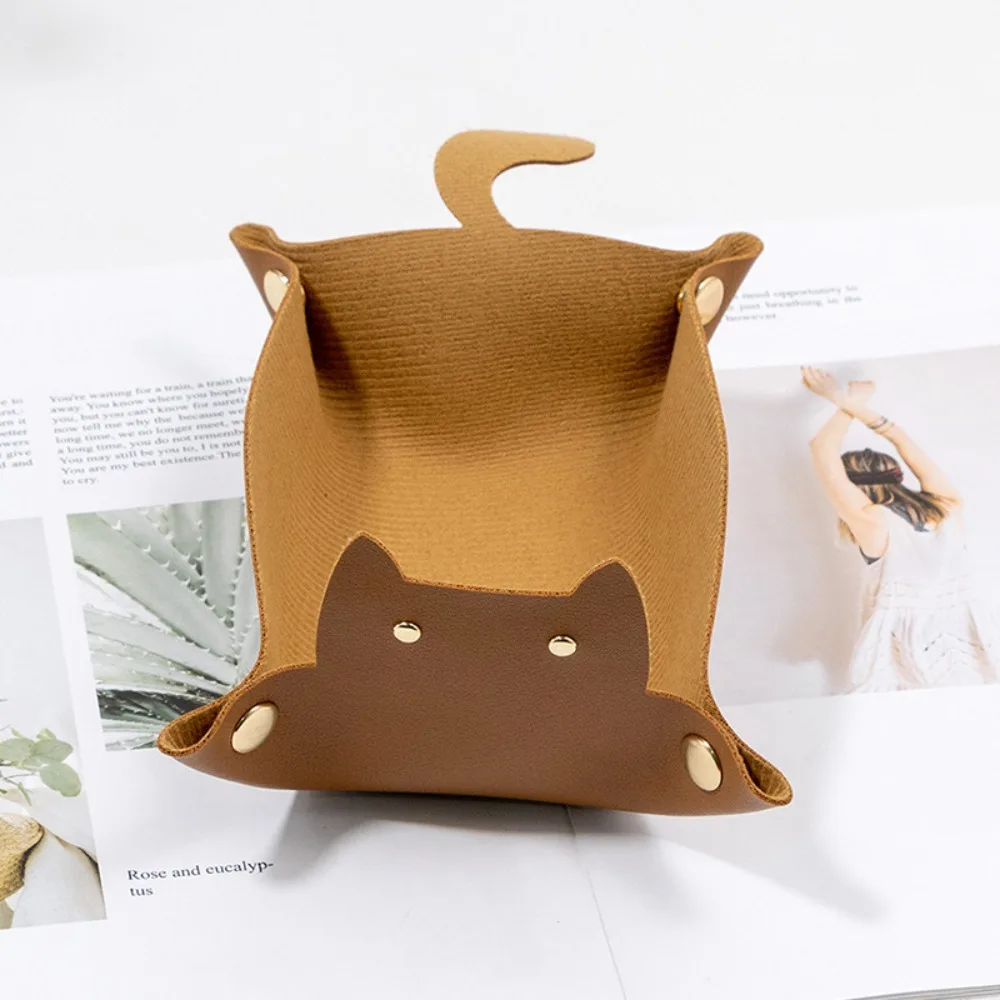 PU Leather Hexagonal Dice Tray Folding Function Cute Cat Shape Key Storage Tray Game Accessories Dice Storage Tray