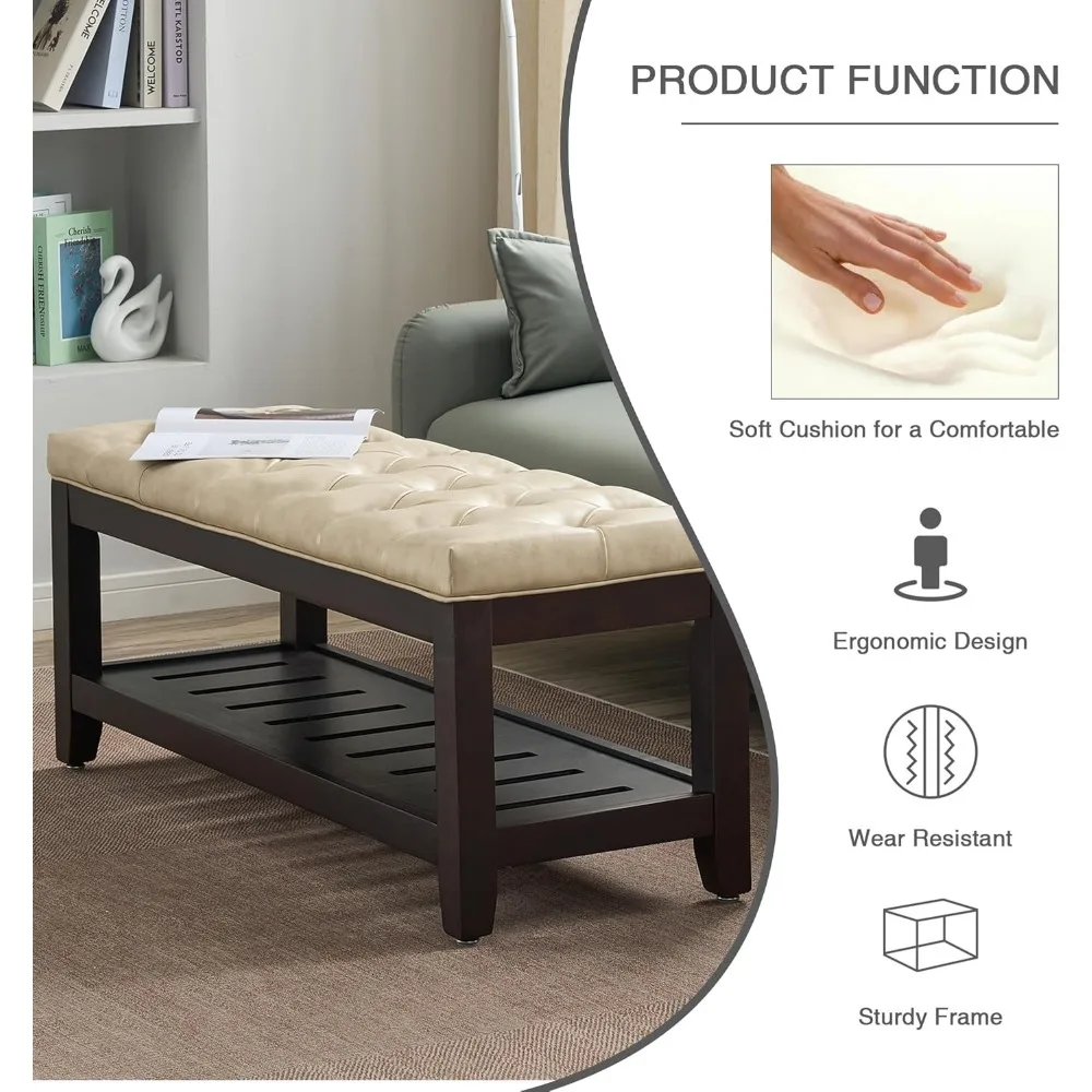 Otomano de armazenamento tufado moderno de 44 polegadas, banco de entrada estofado com pernas de madeira, extremidade confortável do banco de cama para armazenamento elegante