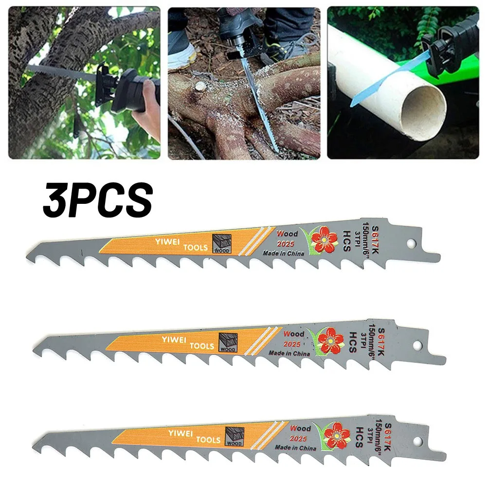 Hojas de sierra recíproca 3 TPI HCS, herramienta de corte de tubo de PVC, 150mm, 6 pulgadas, 3 piezas