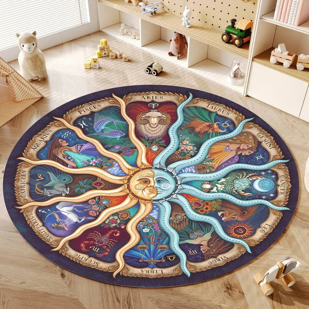 Creative Classical Art Twelve Zodiac Signs Round Rug Soft Floor Mat Girls Bedroom Living Room Sofa Coffee Table Reading Yoga