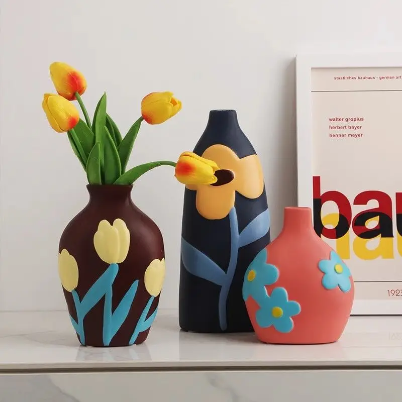 Nordic Creative Painted Morandi Ceramic Vase Dried Flower Ornament Home Porch Decoration TV Cabinet Decoration Flower Device