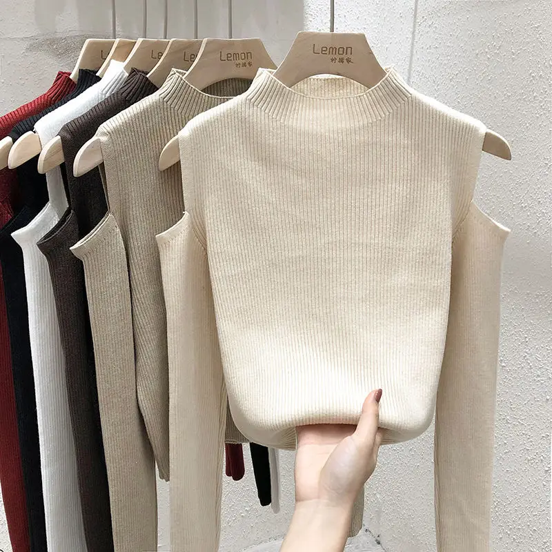 

Knitted Sweater Women Pullovers New Long Sleeve Mock Neck Off-shoulder Knit Sweater Pullover Women Tops Sueters De Mujer Q1013