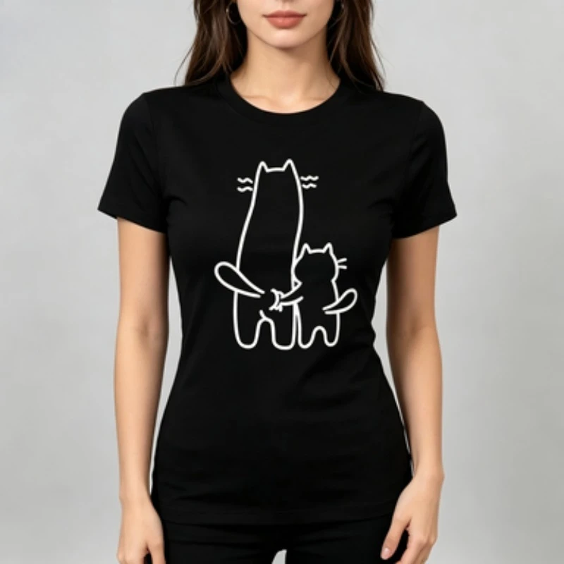 Women Modal Crew Neck T‑Shirt Minimal Line Art Two Holding‑Hands Cats Graphic Print Cute Kitten Sketch Casual Short