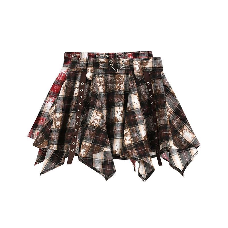 mini jupe falda deportiva mujer 레이어드 스커트 Irregular Hem Vintage Short Skirt New Style Design Red Plaid Skirts