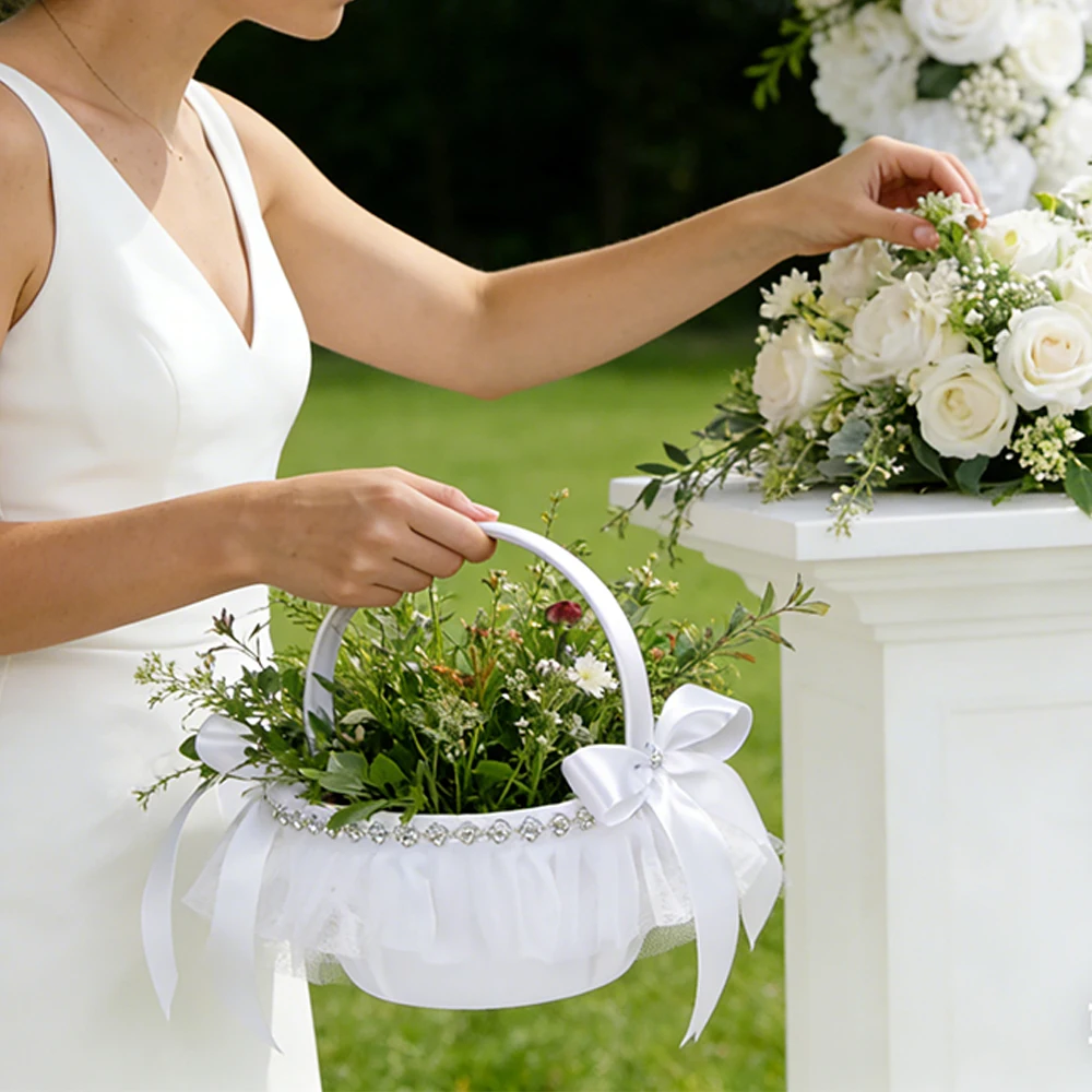 Elegant White Lace Wedding Flower Girl Basket with Rhinestones & Satin Bows, Bridal Shower & Wedding Ceremony Decor image 2
