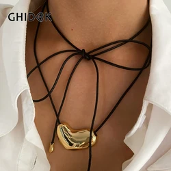GHIDBK Trendy Black Leather Rope Irregular Chubby Heart Pendant Necklace for Women Goth Metal Copper Adjustable Jewelry Party