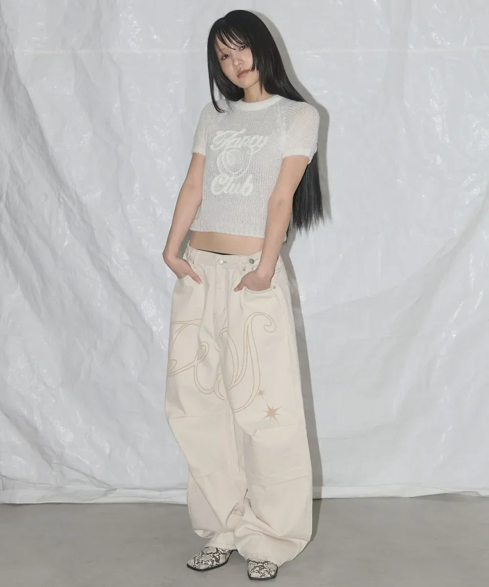 

American Washed Small Wings Printed High Street Women High Waist Loose Straight Jeans Y2k Harajuku Classic Retro Oversized Jeans