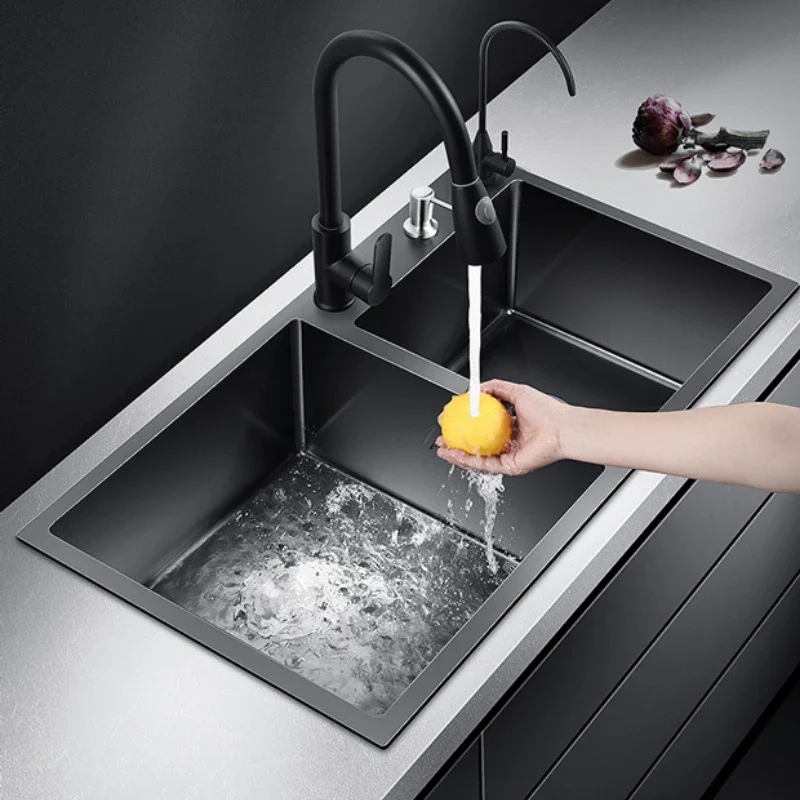 

Double Bowl Black Nano Kitchen Sink Creative Stainless Steel Basin with Drain Set and Handmade Kitchen Accessories