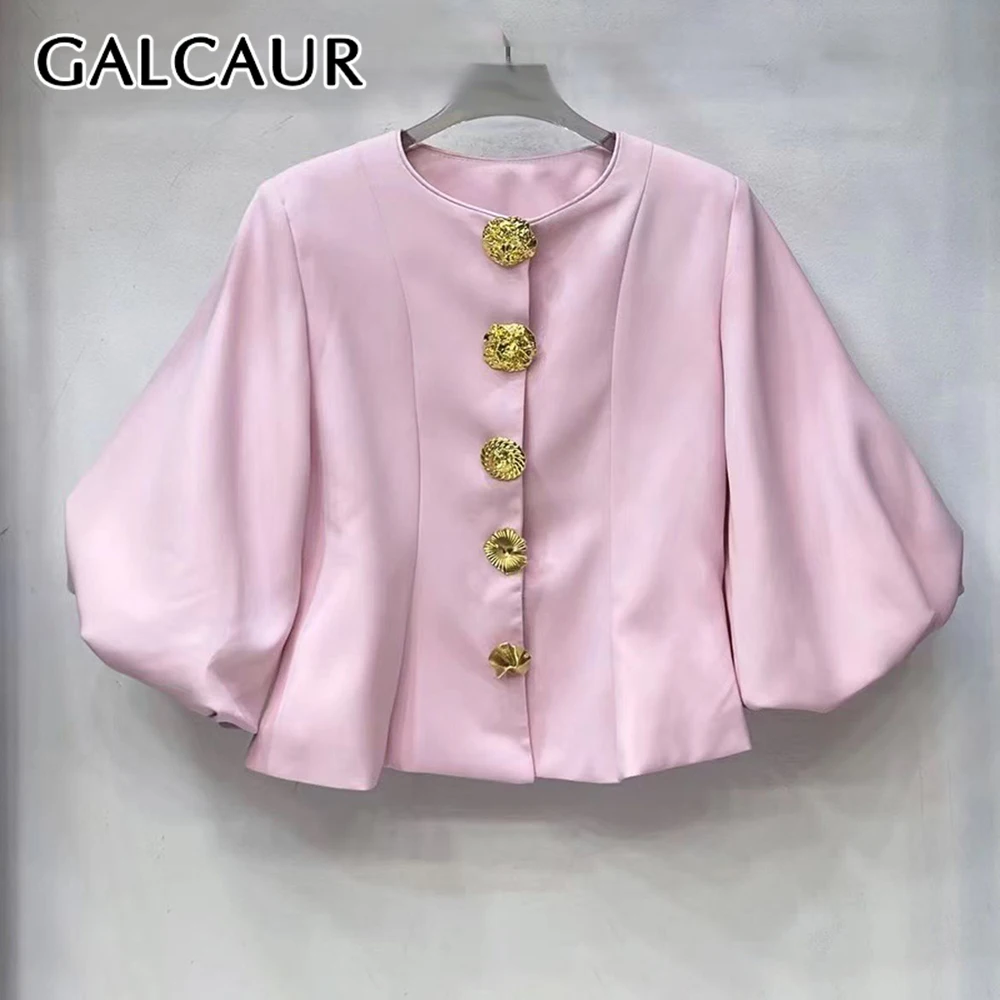 

GALCAUR Solid Spliced Buttons Basics T Shirt Female O Neck Lantern Sleeve Casual Lazy Women's T Shirts Autumn Style Fashion New