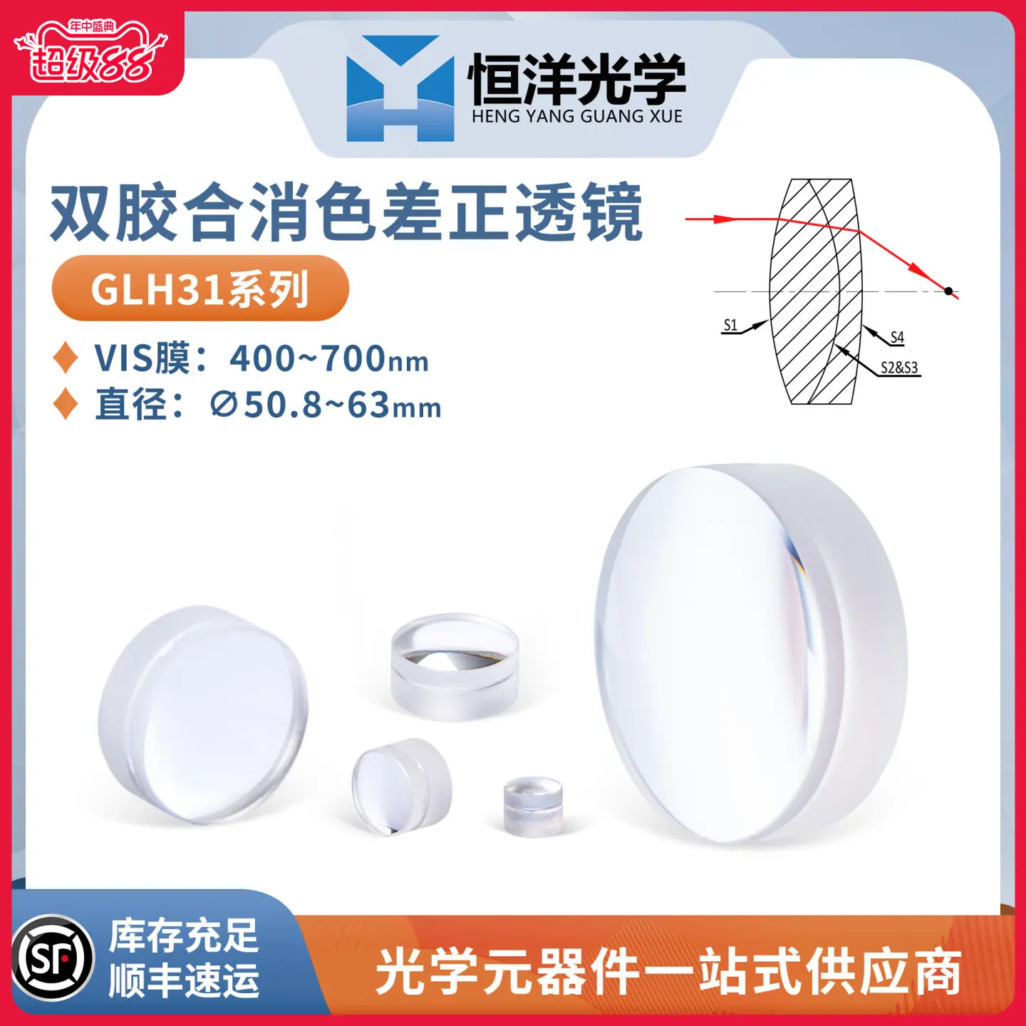 GLH31-double glue achromatic lens diameter 50.8/60/63mm visible light antireflection wavelength 400~ 700nm