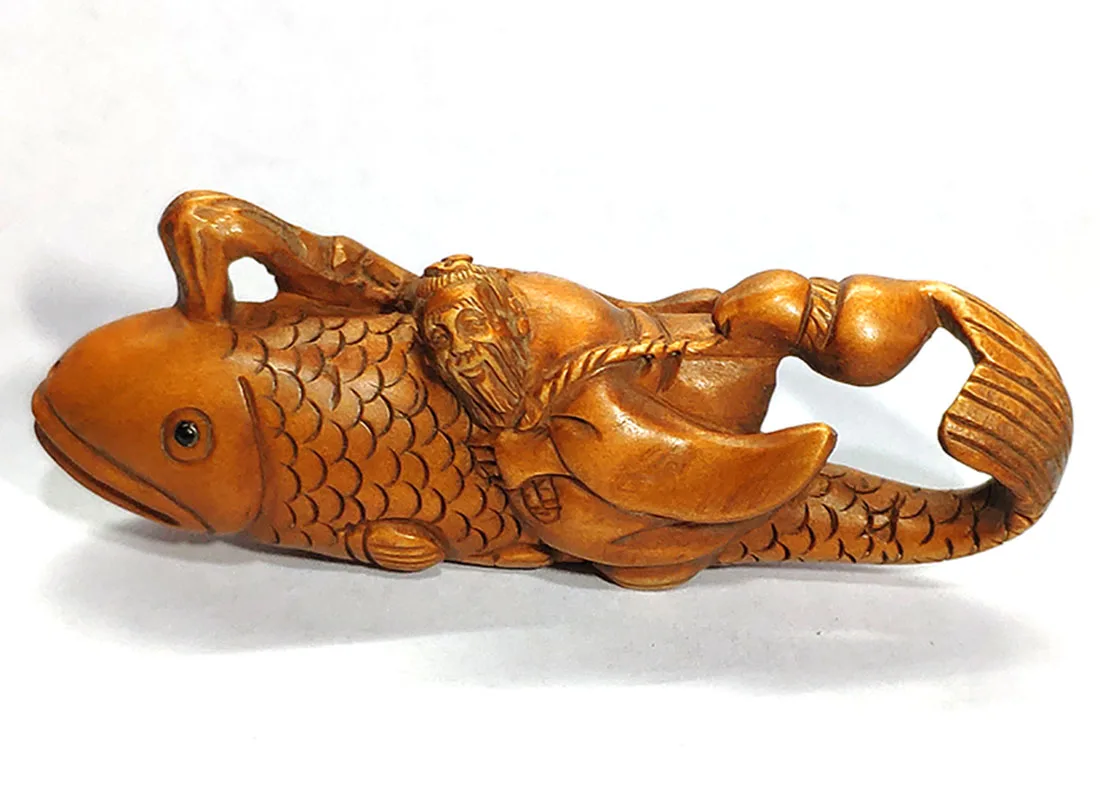 

Y7295 - 2 "резная вручную японская Самшит Netsuke-иммортная Верховая рыба