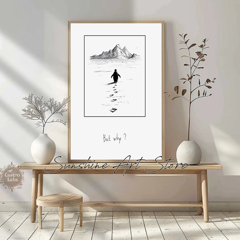 Penguin Walking To Mountains But Why Minimallist Penguin Mountain Drawing Art Poster Canvas Painting Wall Pictures Home Decor