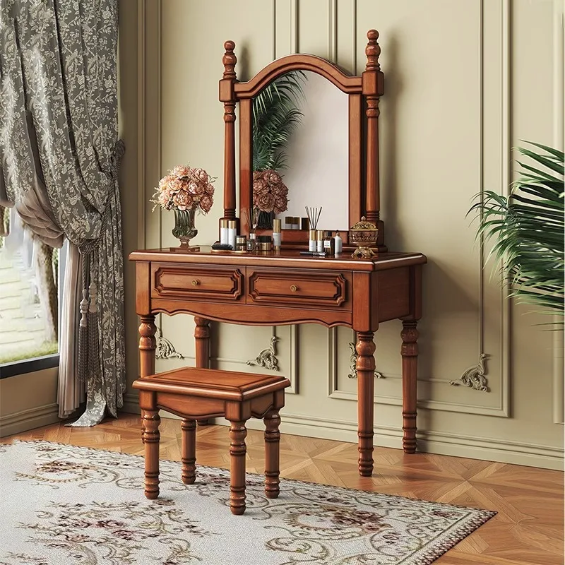 

American retro solid wood dresser bedroom simple modern 2024 new dressing table with drawers makeup stool mirror
