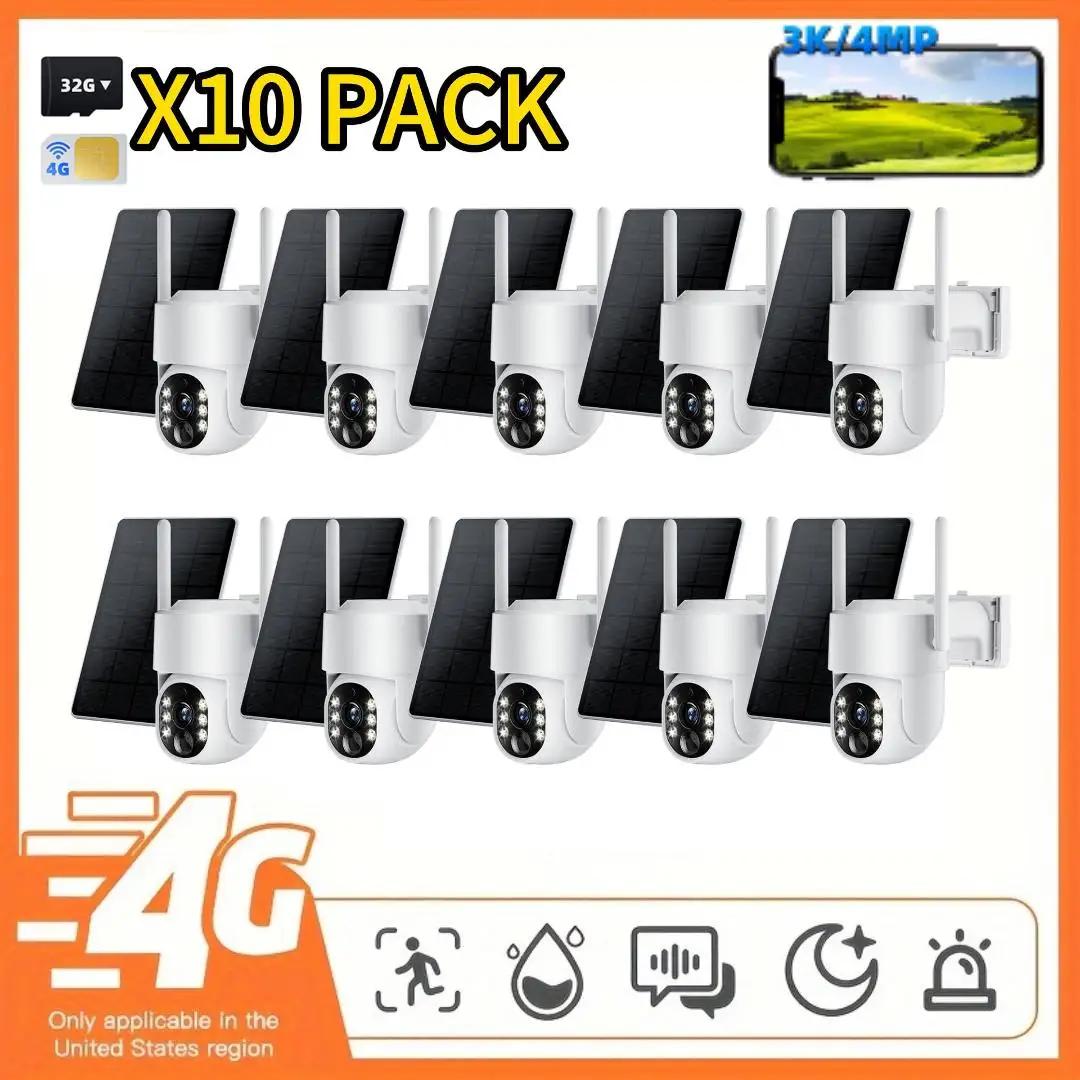

10PCS Solar Camera 4G LTE 4MP 3K No WiFi 360° AI Tracking Color Night Vision Built-in 4G SIM & SD